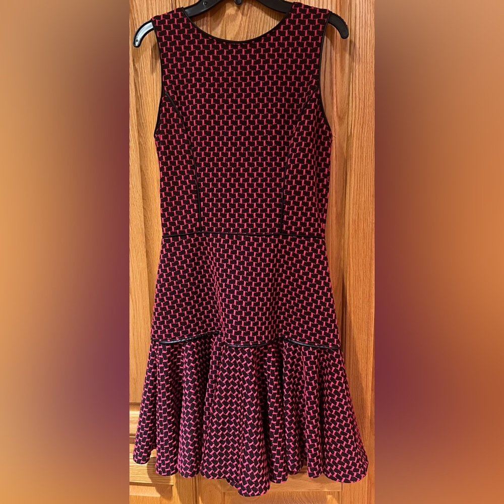 Saks Fifth Avenue RED LABEL Geo‎ Print Drop Waist Dress w/ Leather Trim Vintage